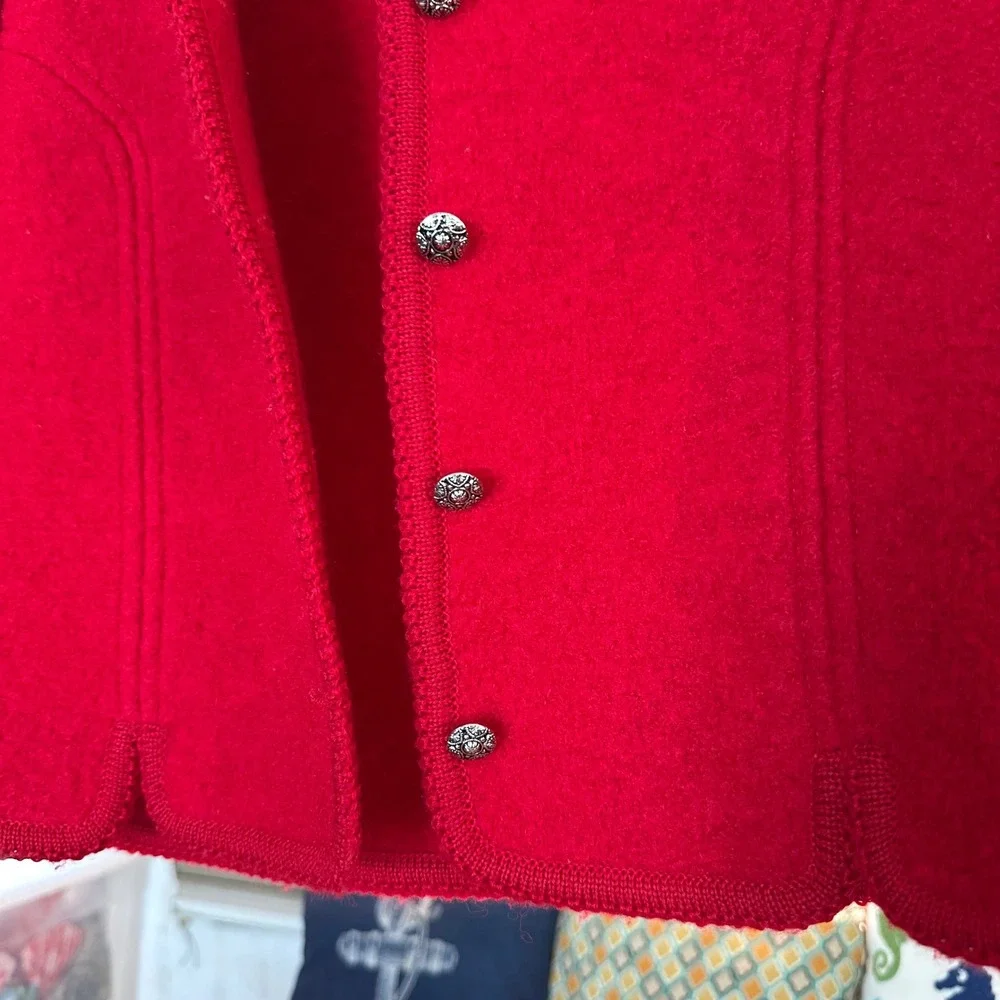 Vintage Charter Club Red Boiled Wool Cardigan Jacket Sz 12 Silver Floral Buttons